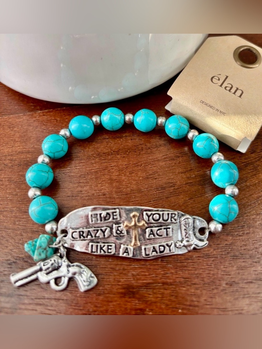Elan Silvertone Hide Your Crazy & Act Like A Lady,gun,cross,turquoise,silver